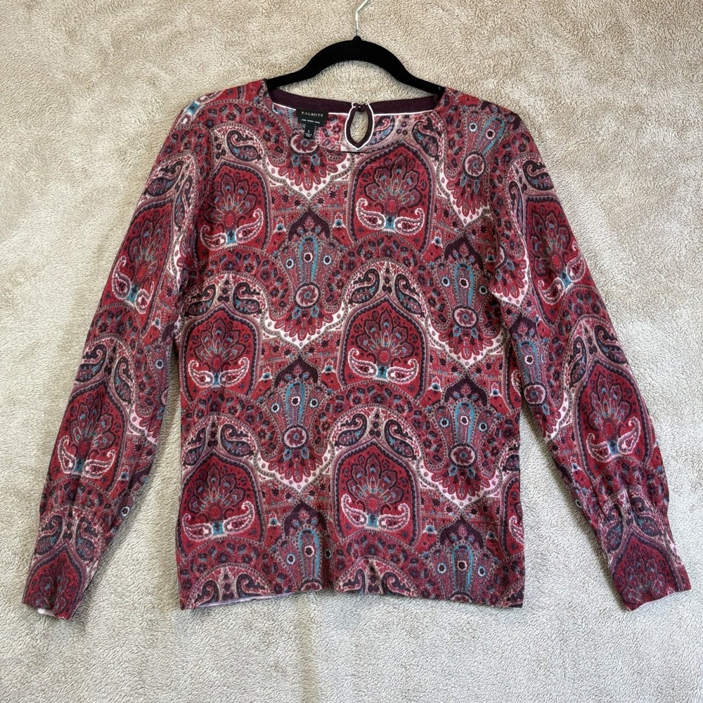 Talbots Sweater Red Paisley Print Soft Knit Pure Merino Wool Crewneck L EUC